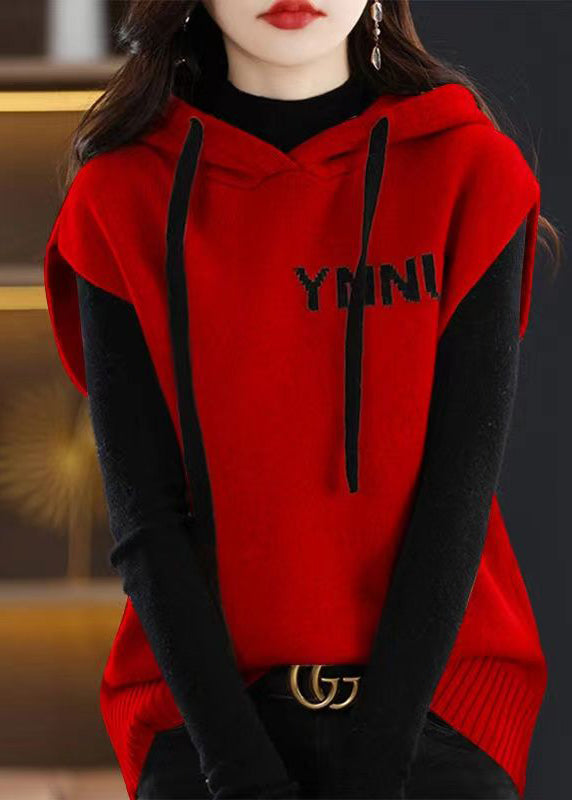 Green Patchwork Drawstring Cotton Knit Hooded Waistcoat Spring