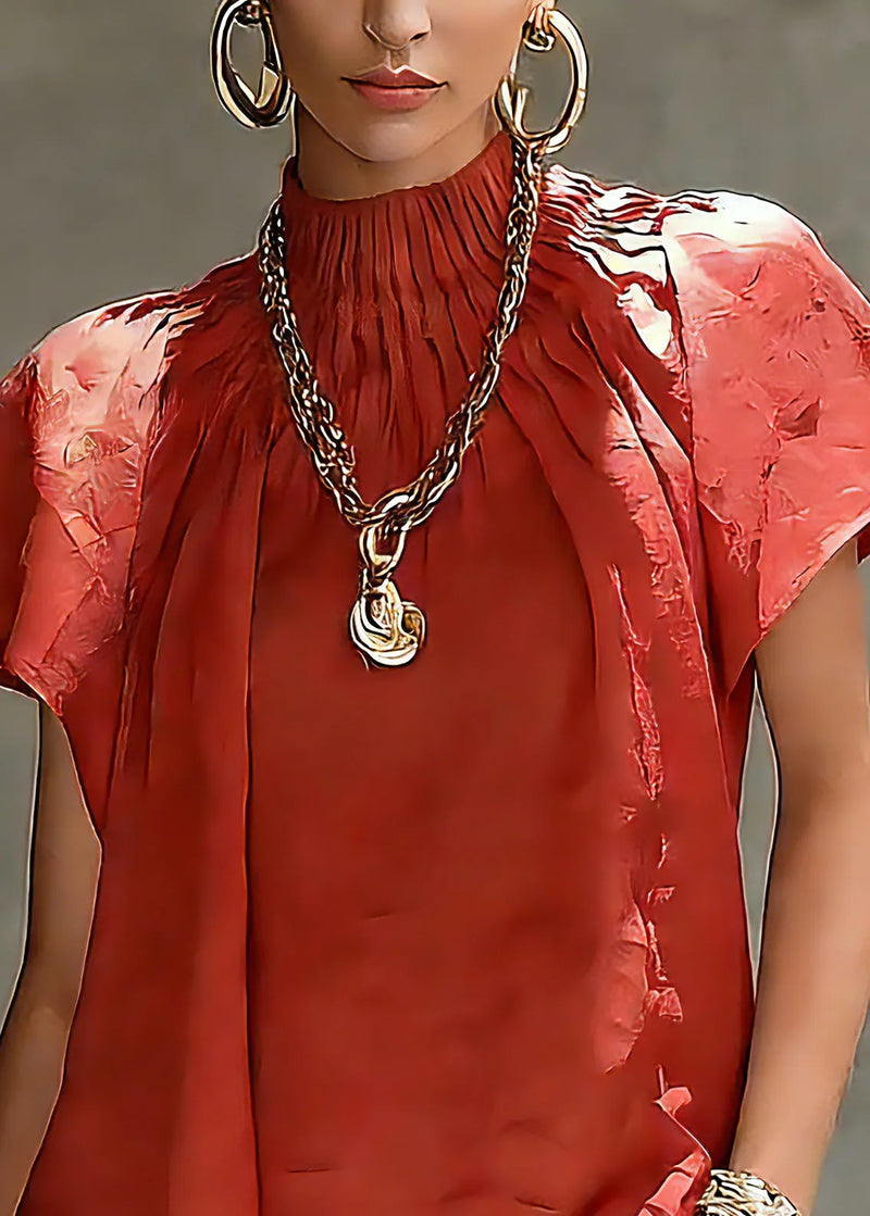 Brief Red Stand Collar Patchwork Shirt Summer