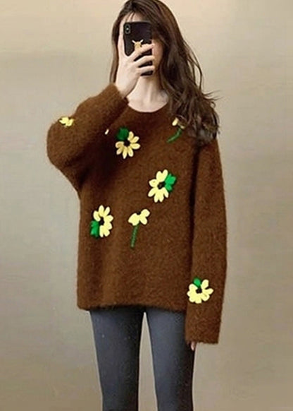 Unique Brown Oversized Lace Knit Sweater Tops Spring