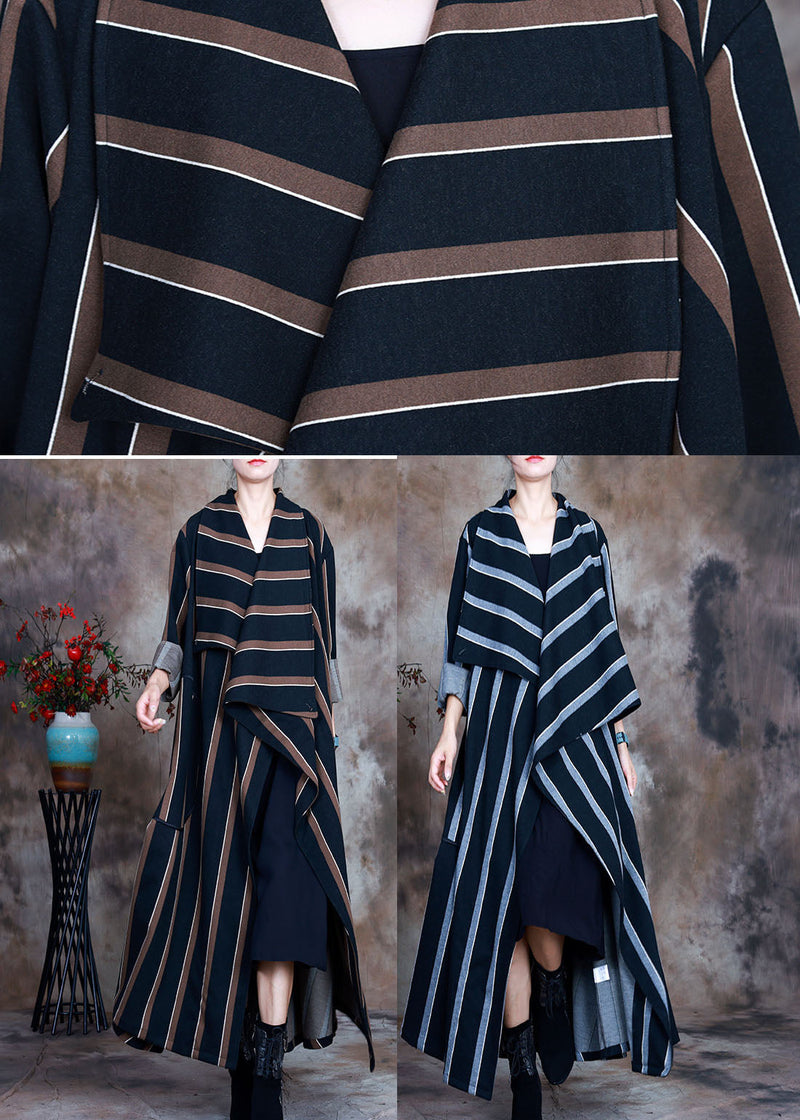 Chocolate Striped Woolen Trench Coats Pockets Spring