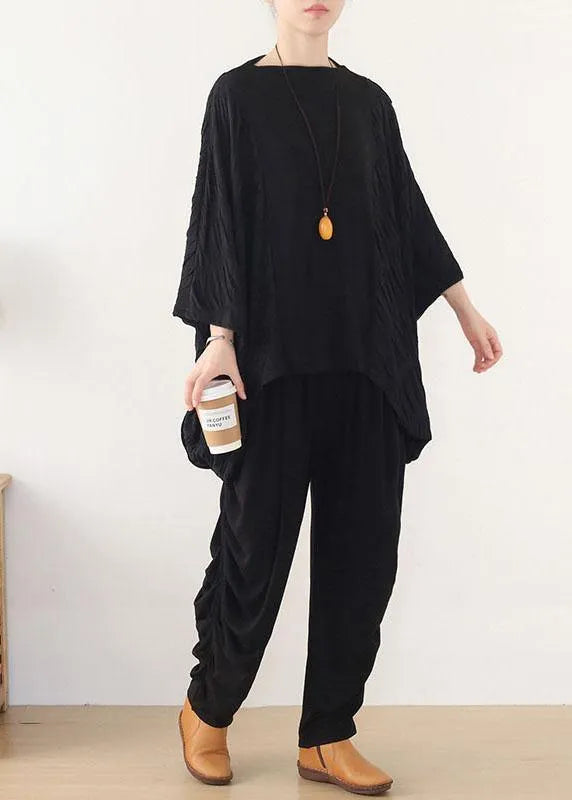 Simple Black Patchwork Wrinkled Batwing Sleeve Fall Shirt Tops