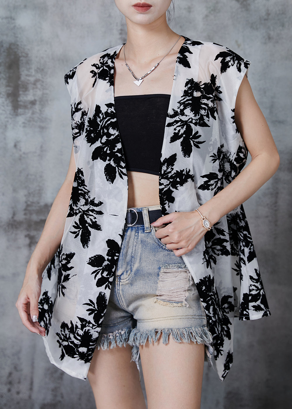 White Print Tulle Upf 50+ Tops Oversized Sleeveless
