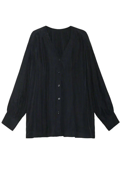 Organic Black V Neck Loose Button Fall Long Sleeve Shirt