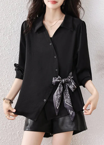 Boutique Black Scarf Tie Waist Cotton Shirts Fall