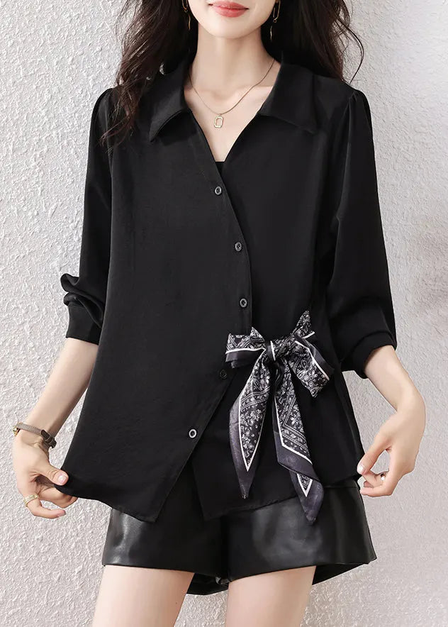 Boutique Black Scarf Tie Waist Cotton Shirts Fall