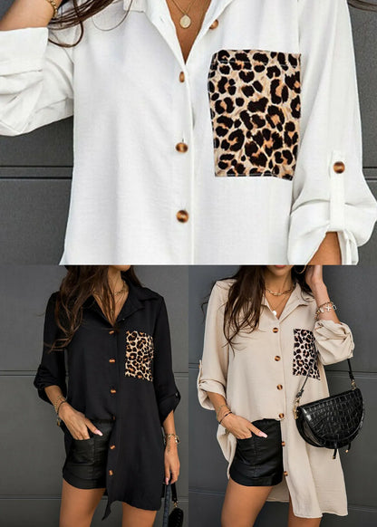 Khaki Patchwork Leopard Print Cotton Shirt Draping Long Sleeve