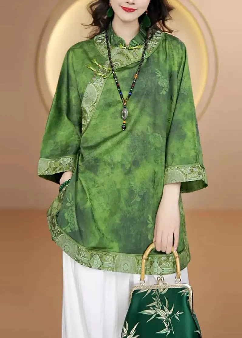 Retro Green Stand Collar Print Oriental Button Silk Shirt Top Fall