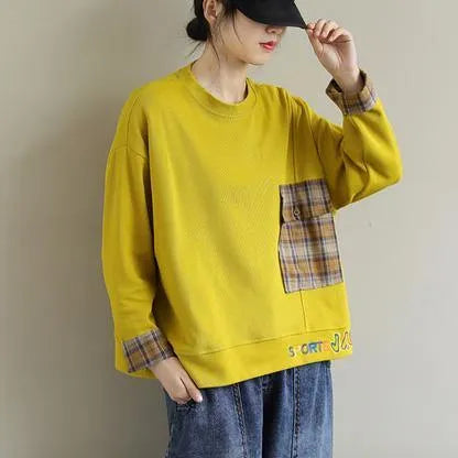 Unique Long Sleeve Cotton Embroidery Pockets Tunic Top Photography Yellow Blouse