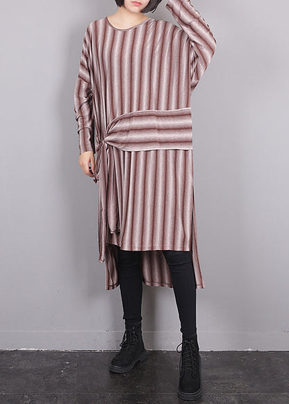 Red O-neck Asymmetrical Striped Low High Design Maxi Dress Fall