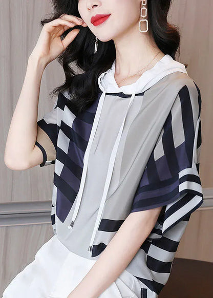 Coloblock Hooded Oversize Print Silk Shirt Summer