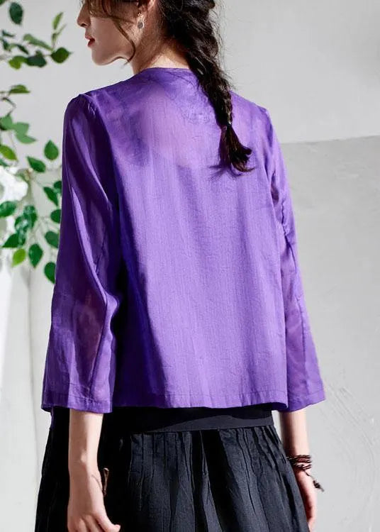 Boutique Purple Tie Waist Asymmetrical Design Summer Ramie Top