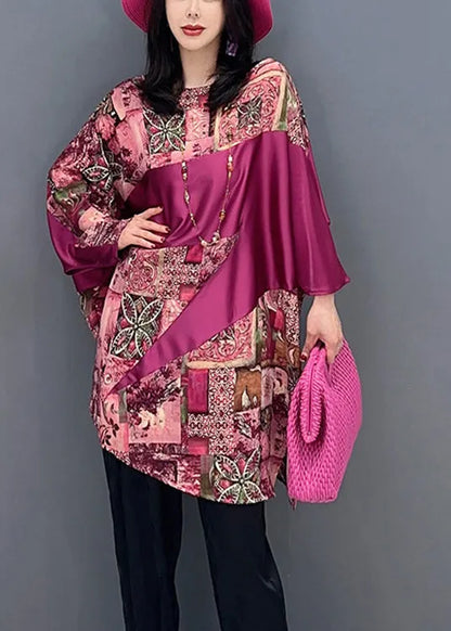 Red O-neck Print Patchwork Top Batwing Sleeve