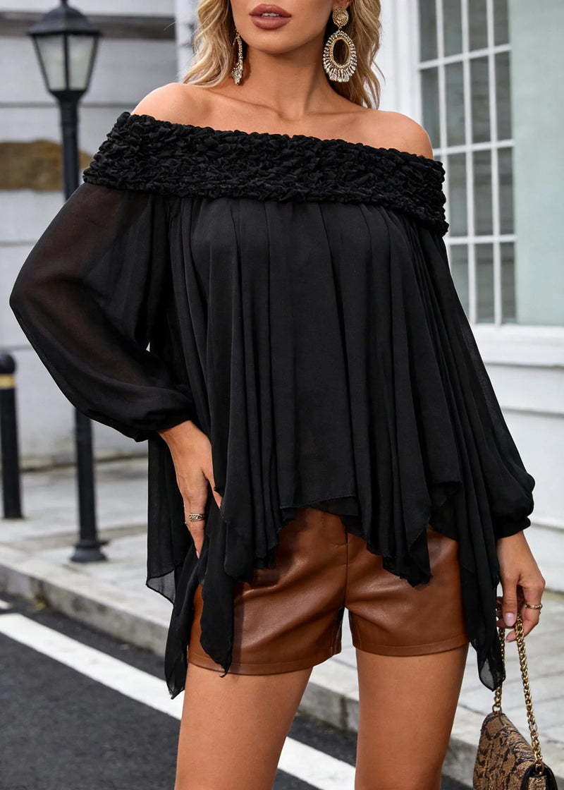 Black Slash Neck Asymmetrical Chiffon Shirt Spring