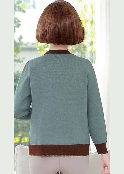 Stylish Orange O-neck Patchwork Pearl Button Knit Jackets Long Sleeve