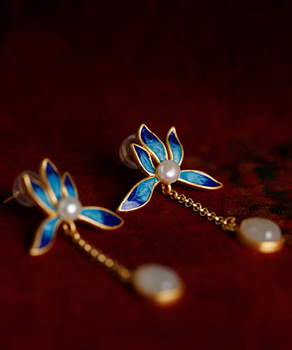 Blue Lotus Inlaid Jade Drop Earrings