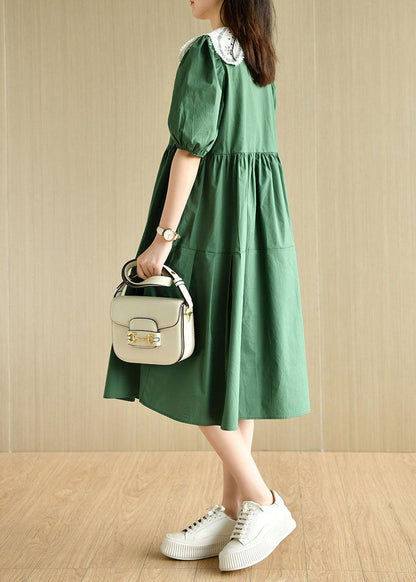 Art Tea Green Lantern Sleeve Button Summer Cotton Vacation Dresses