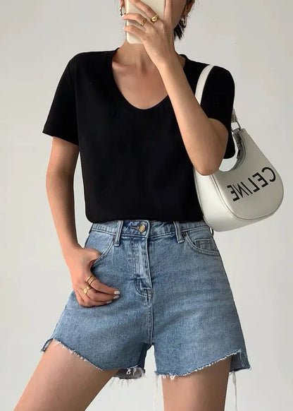 White U Neck Simple Cotton T Shirt Summer