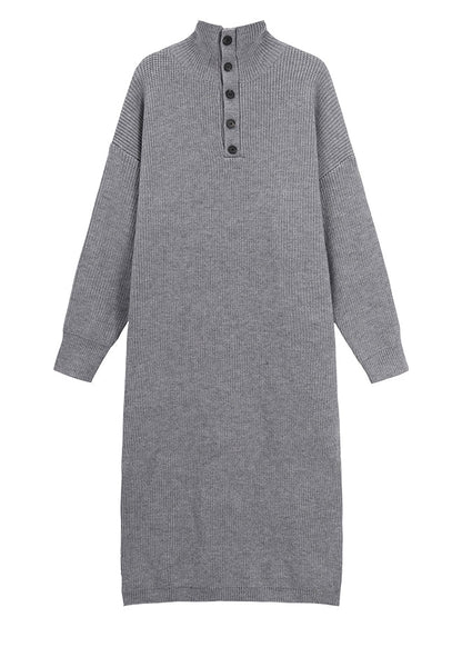 Grey Hign Neck Button Long Knit Sweaters Dress Winter