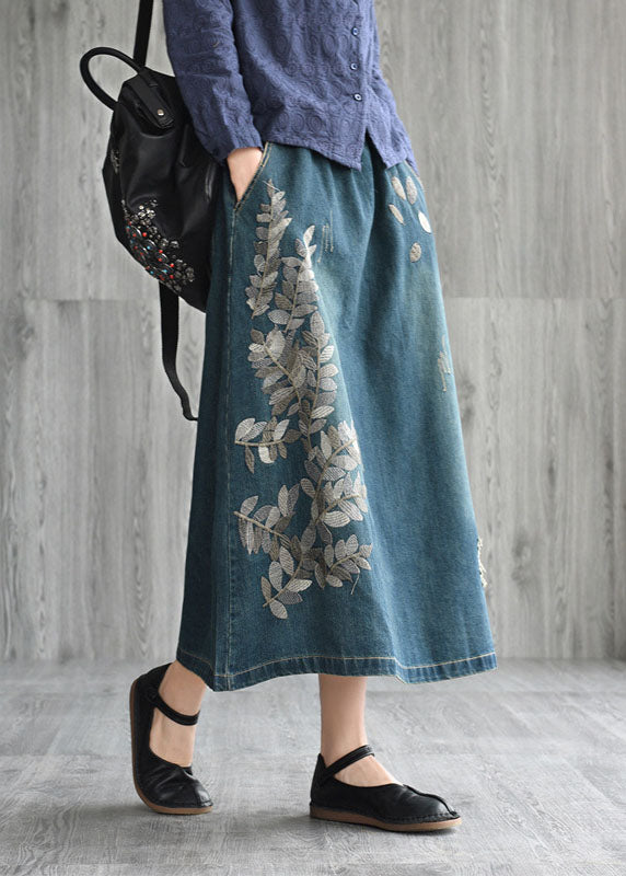 Natural Dark Blue Pockets Embroideried Cotton Denim Skirts Spring