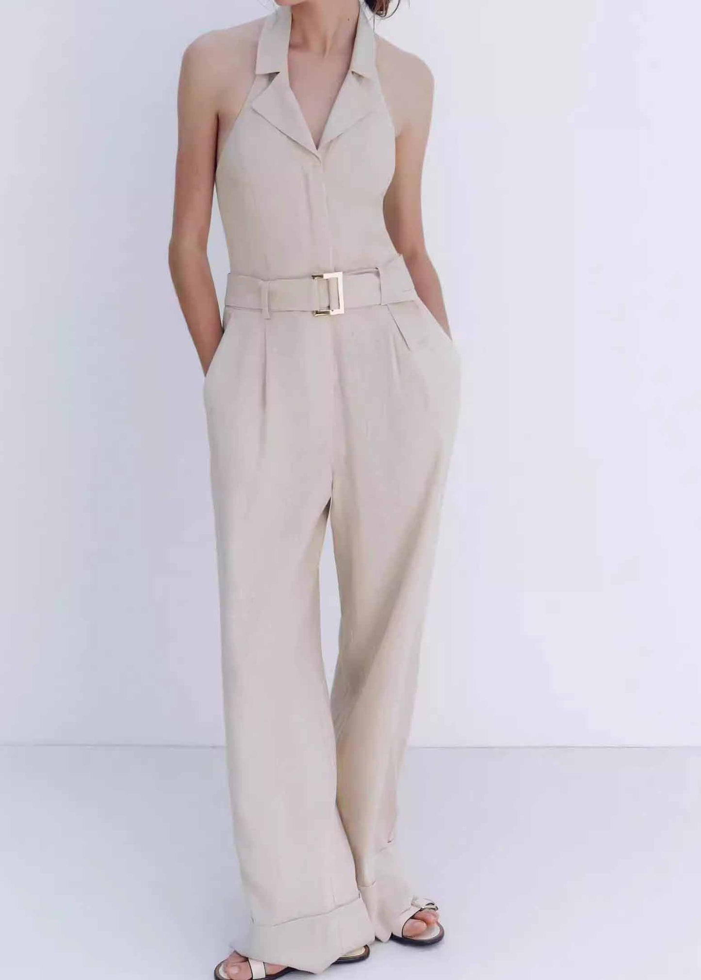 Beige Halter Pockets Cotton Jumpsuit Sleeveless