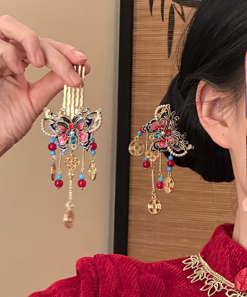 Red Copper Alloy Butterfly Tassel Single Hairpin