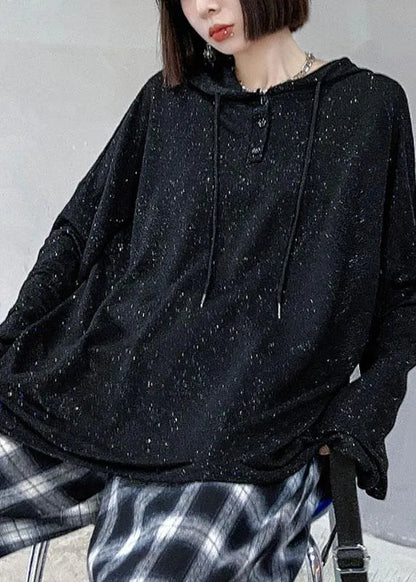 Unique Black Loose Hooded Button Sequins Fall Sweatshirt