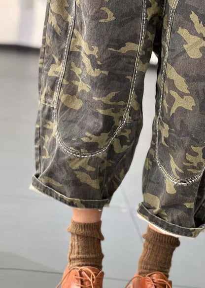 Green Elastic Waist Embroideried Camouflage Cotton Harem Pants Fall
