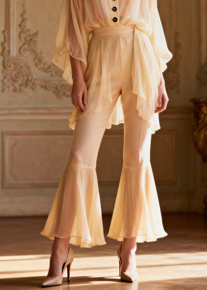 French V Neck Ruffled Patchwork Silk Two Piece Set Outfits Summer