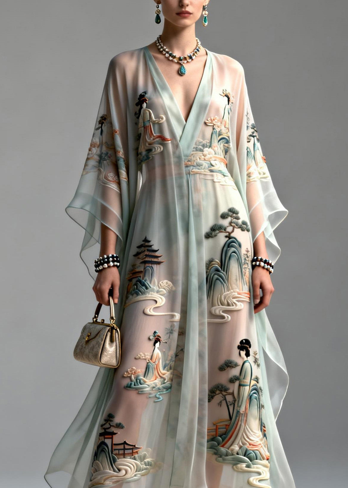V Neck Asymmetrical Design Print Chiffon Dress Summer