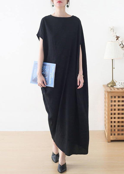 French Black Batwing Sleeve Summer Linen Dress