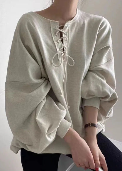 Grey O Neck Patchwork Cotton Top Lantern Sleeve