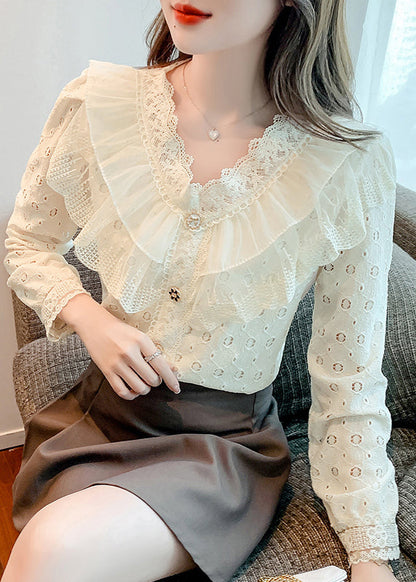 Apricot Ruffled Hollow Out Patchwork Lace Shirts Fall
