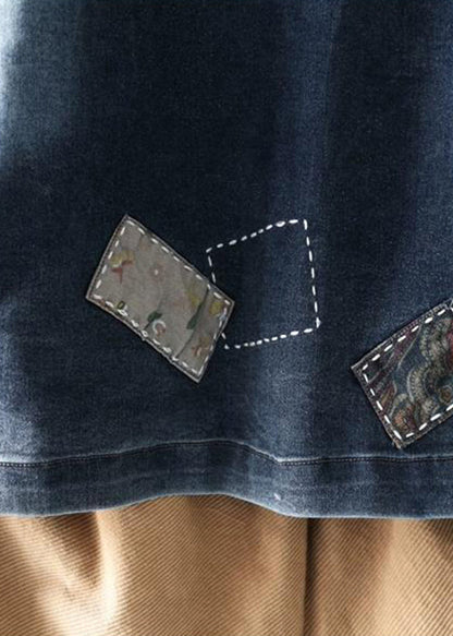 Navy Stand Collar Pockets Patchwork Denim Top Fall