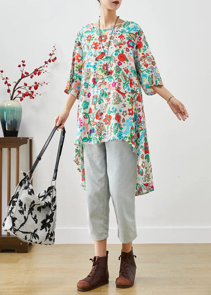 Beige Print Low High Design Cotton Blouses Half Sleeve