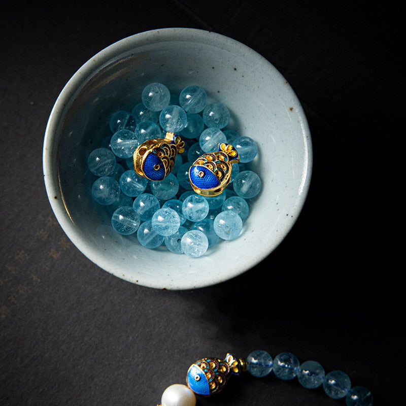 Buddha Stones Natural Aquamarine Lazurite Lapis Lazuli Fish Healing Bracelet