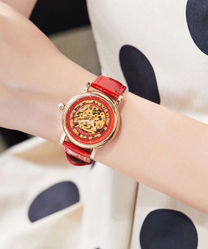 Red Stainless Steel Sapphire Crystal Patchwork Dermis Zircon Hollowed Out Watch