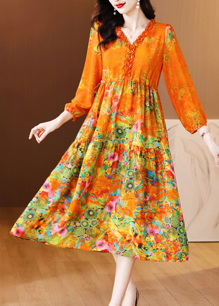 Orange Ruffled Print Patchwork Silk Long Dress Spring