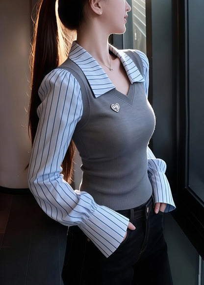 Slim Fit Grey Striped False Two Pieces Patchwork Knit Sweaters Spring