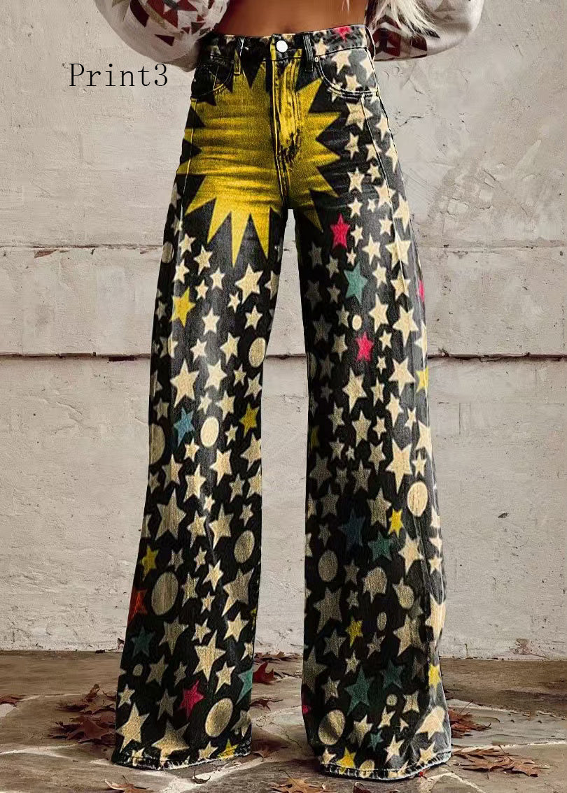 Print Pockets Loose Denim Wide Leg Pants High Waist Spring