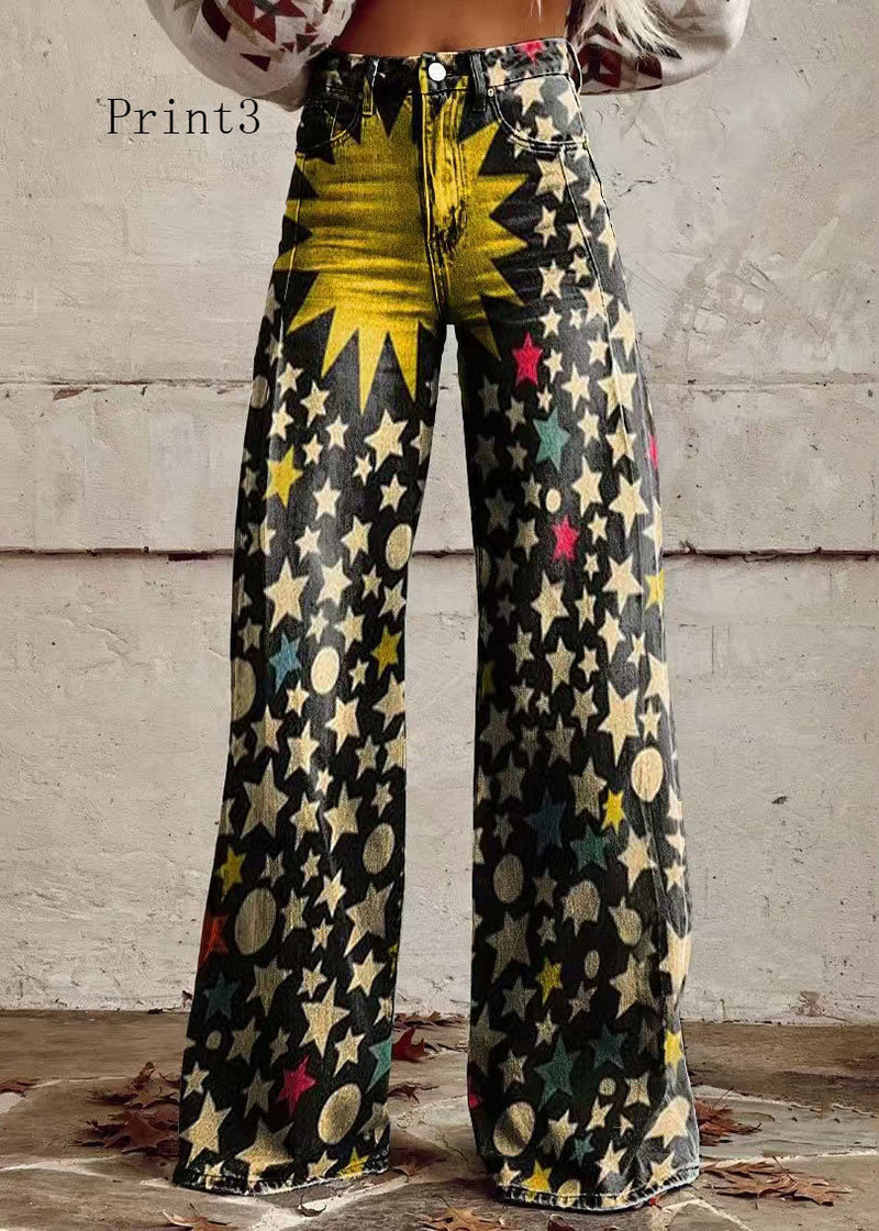 Print Pockets Loose Denim Wide Leg Pants High Waist Spring