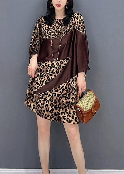 Chocolate O-neck Leopard Print Maxi Dresses Spring