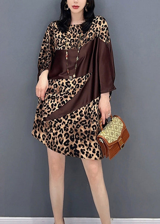 Chocolate O-neck Leopard Print Maxi Dresses Spring