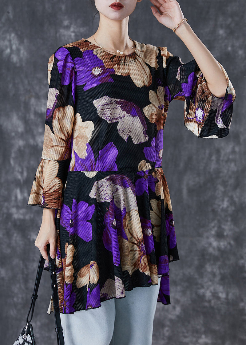Purple Print Tulle Blouse Tops Exra Large Hem Flare Sleeve