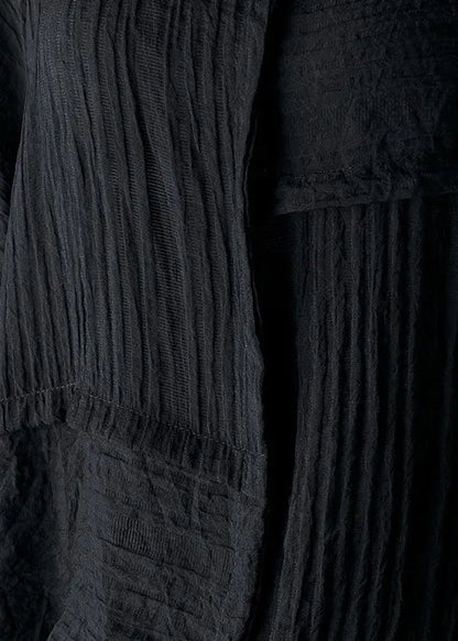 Black O-neck Wrinkled Blouses Half Sleeve