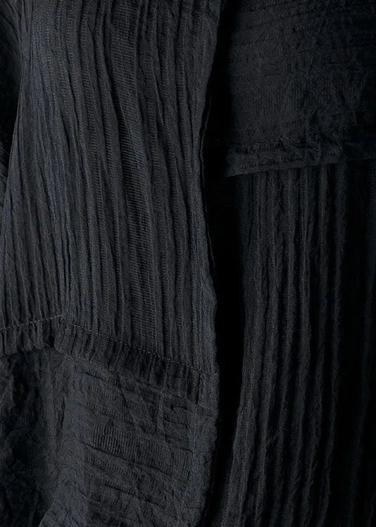 Black O-neck Wrinkled Blouses Half Sleeve