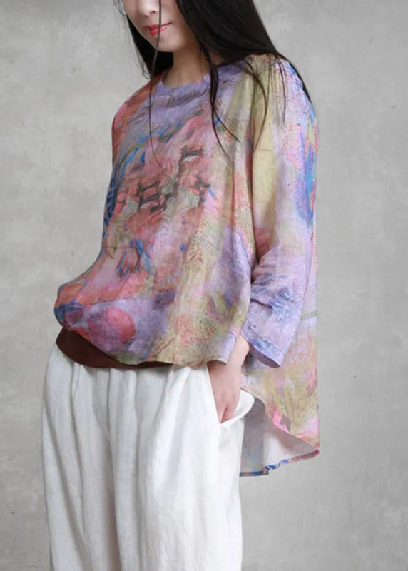Unique O-neck Print Asymmetrical Low High Design Tie Waist Linen Top Long Sleeve