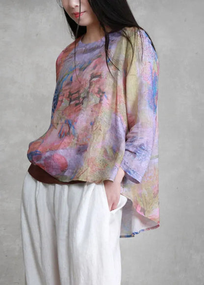 Unique O-neck Print Asymmetrical Low High Design Tie Waist Linen Top Long Sleeve