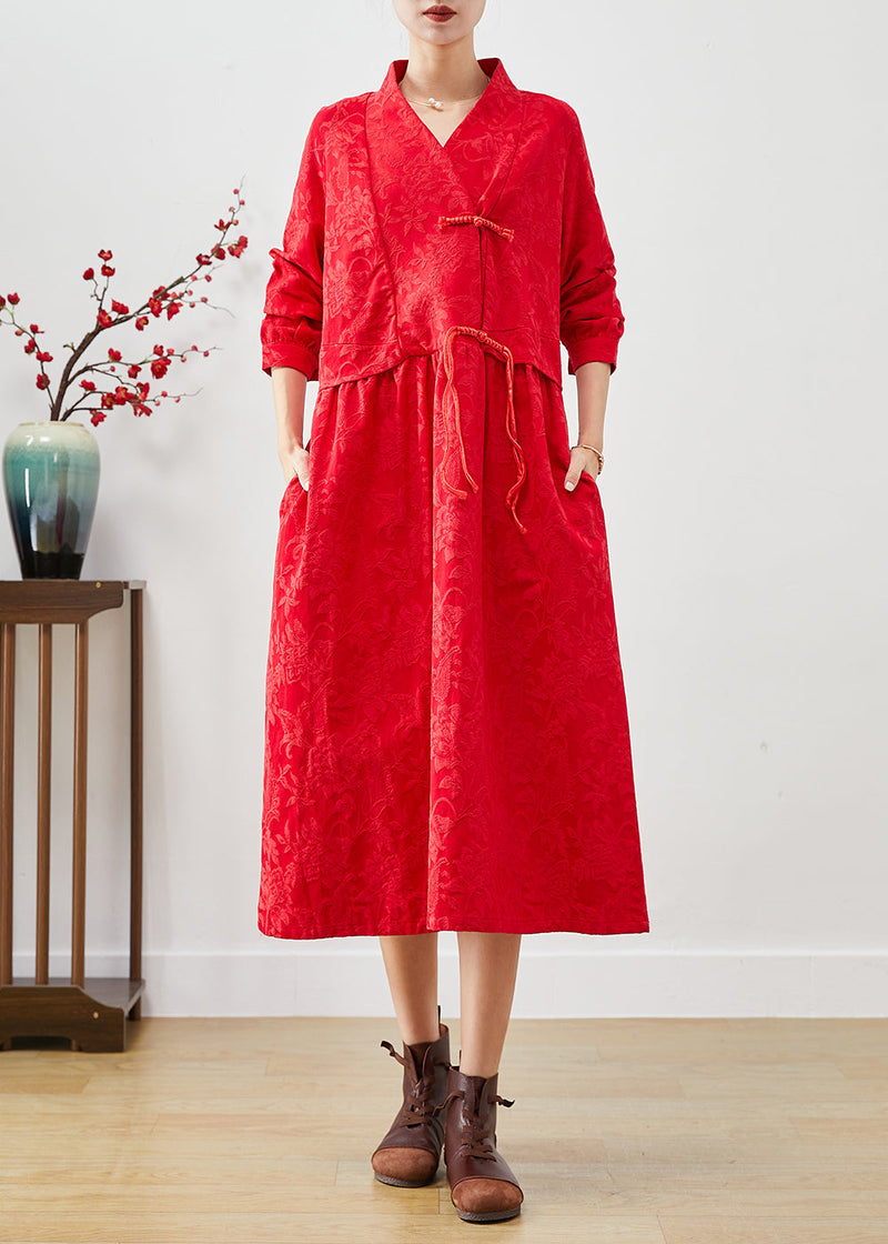 Red Chinese Button Jacquard Dresses Fall