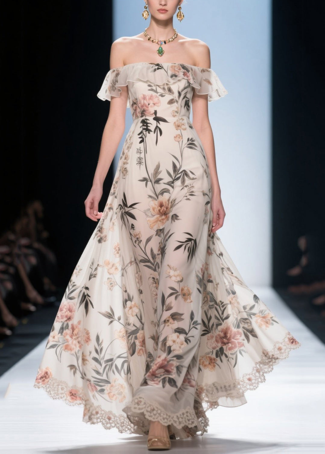 White Cold Shoulder Print Chiffon Maxi Dress Summer
