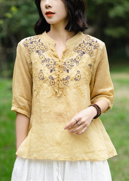 Simple White Embroideried Ruffled Linen Shirt Top Summer